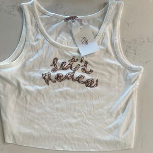 White Ribbed Tank Top with Brown Script by Bailey Rose